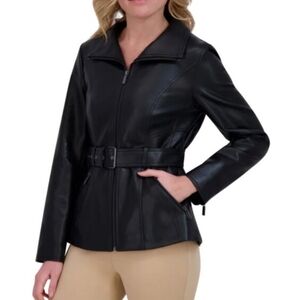 Kenneth Cole Women's Black Leather Belted Jacket